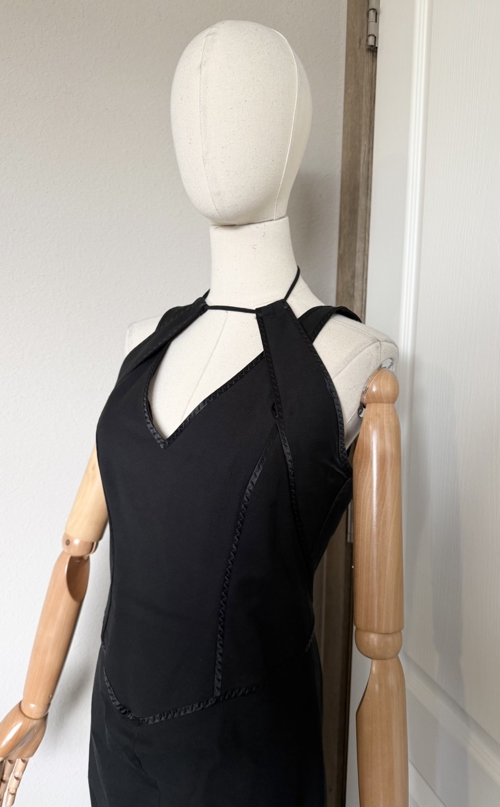 SPORTMAX Max Mara Sz US 12 Black Cotton Silk Trim Halter Pencil Midi Dress