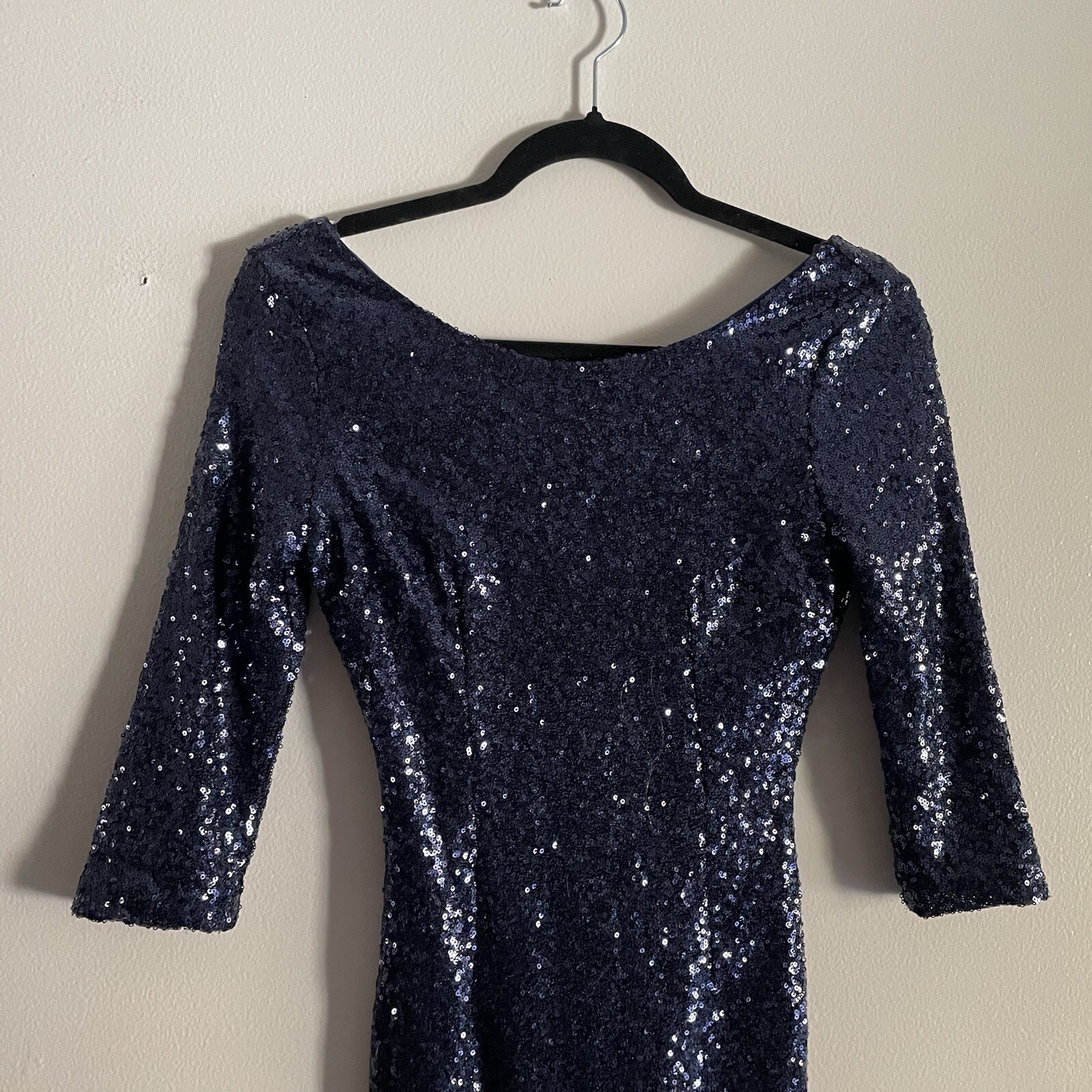 Lulus Women XS Navy Blue Sequin Scoop Back 3/4 Sleeve Delightful Ways Mini Dress