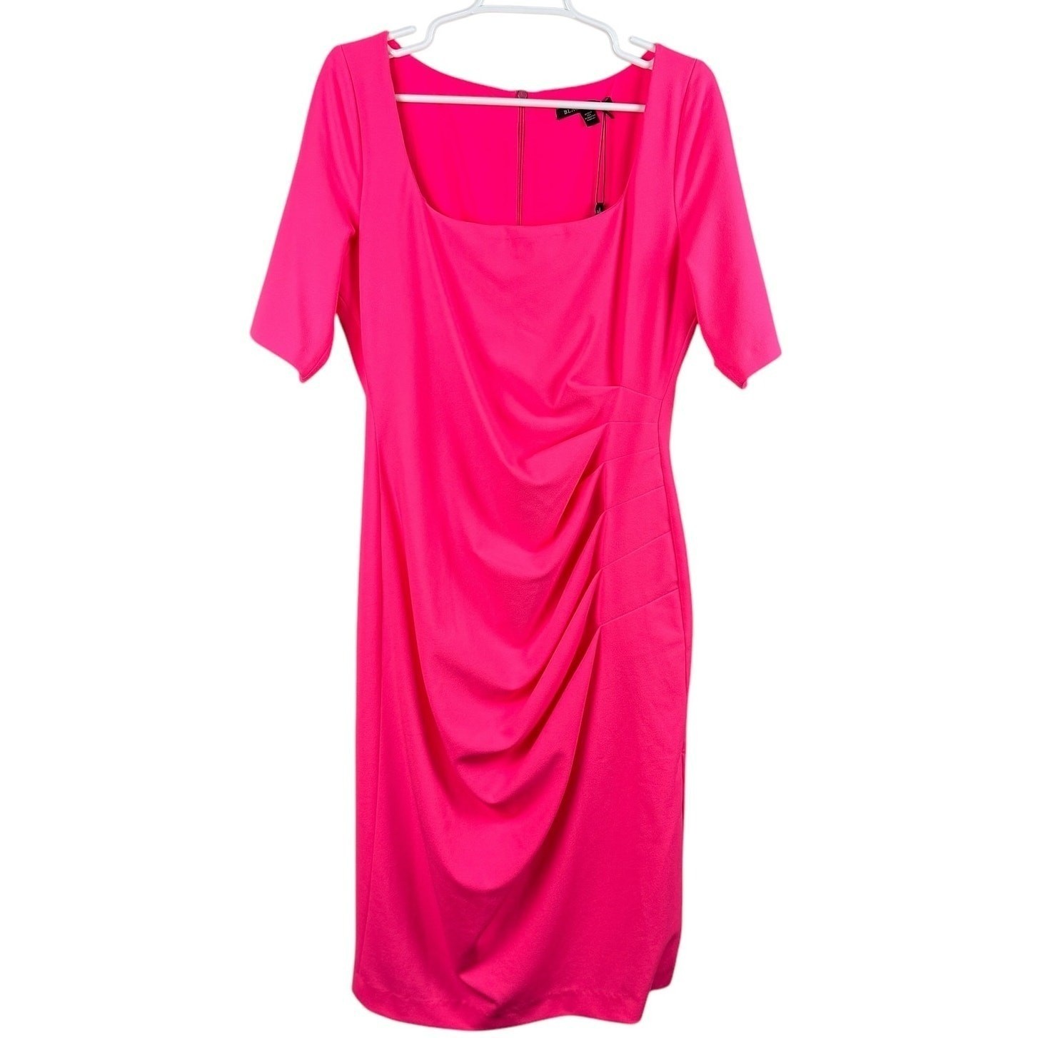 Black Halo Neon Pink Jackie O Ruched Sheath Dress 14 Square Neck Elbow Sleeve