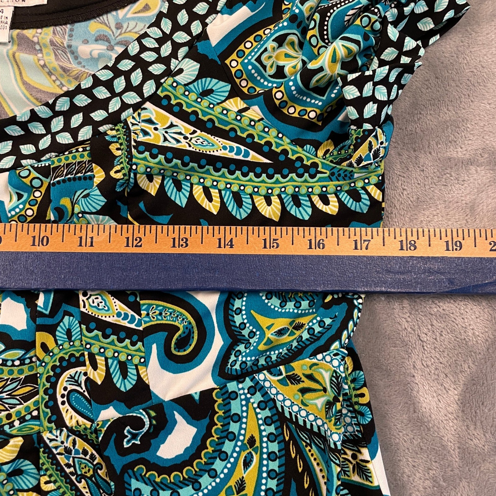 London Style Collection Blue Green Paisley Empire Waist Puff Sleeve Dress 14