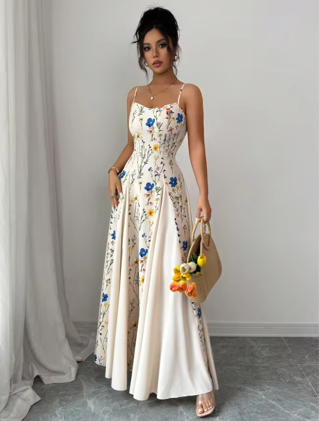 Women Floral Print Maxi Dress French Romantic Spaghetti Strap Summer Sun Sundres