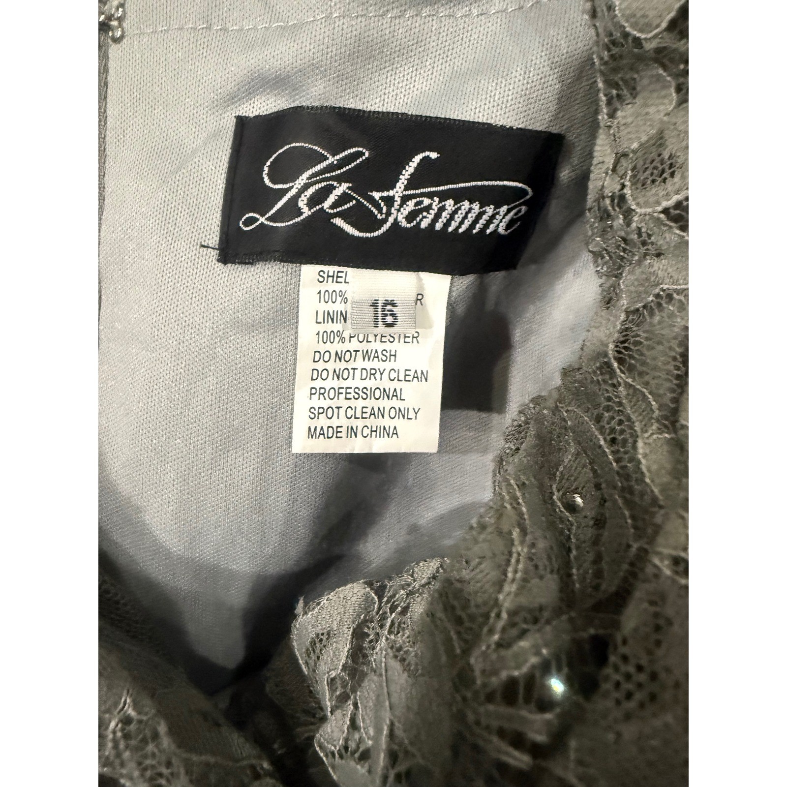 La Femme 27982 Platinum Lace Off Shoulder Gown Size 16 NWOT