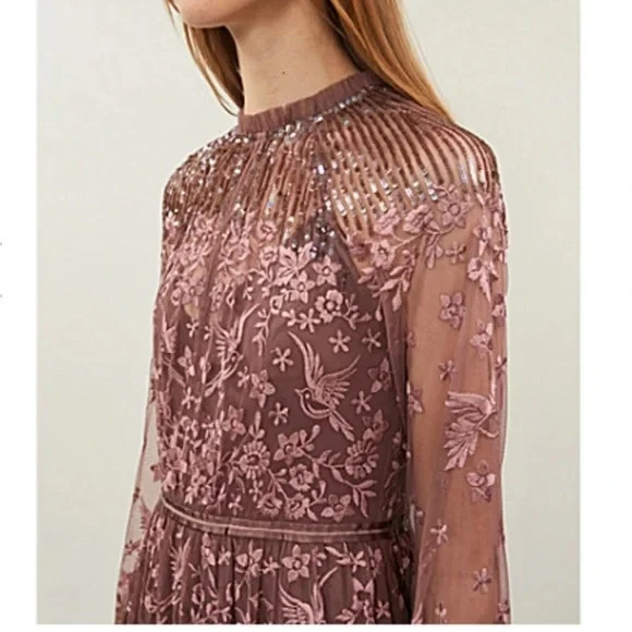 Needle and Thread Sequin Embroidered Tiered Dress sheer long sleeves 0 READ