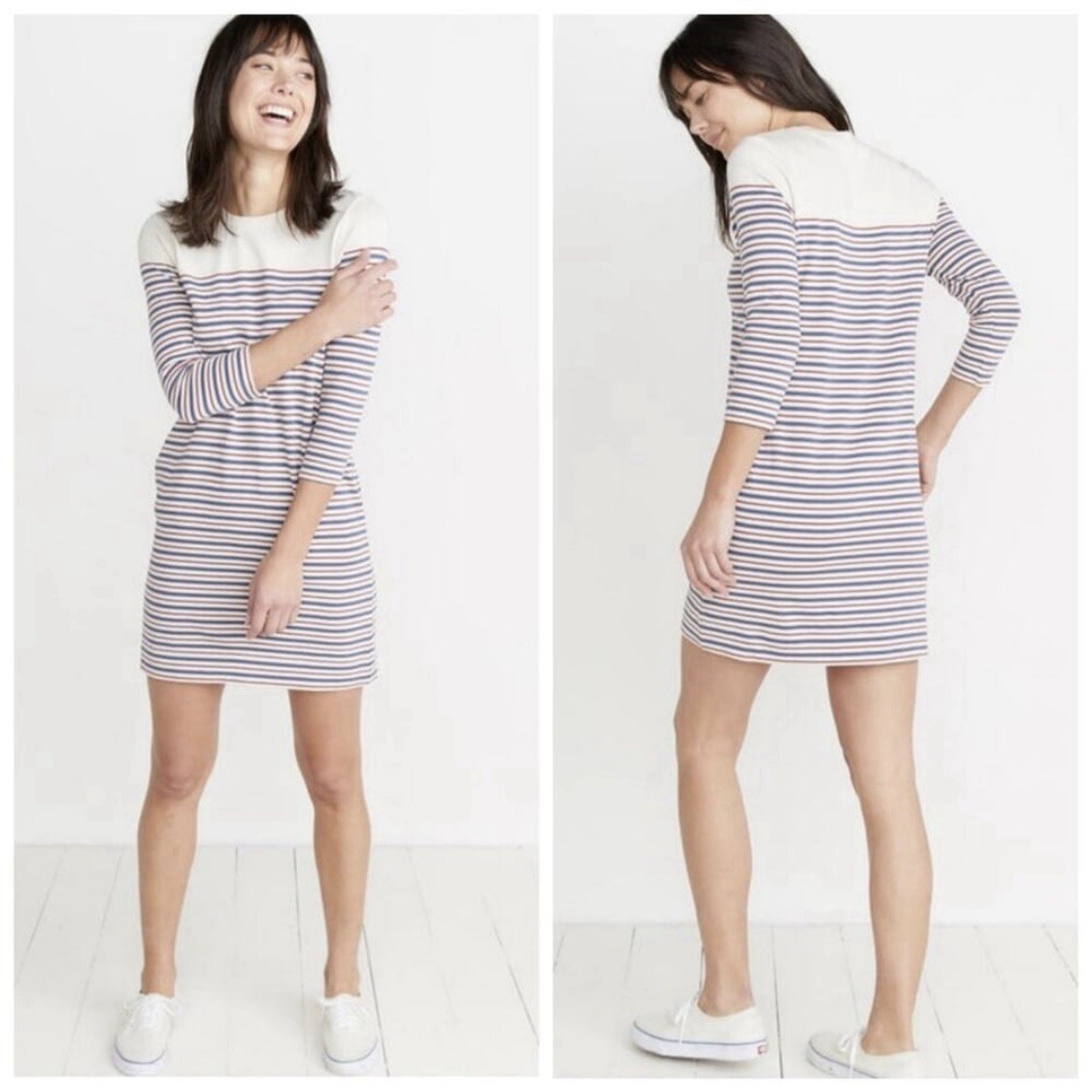 Marine Layer April Stripes Pocket Mini Shirt Dress XS Cream Blue Red