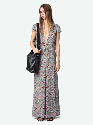 Women Zadig&Voltaire V-Neck Lace Splicing Flower Print Silk Slim Long Dress XS-L