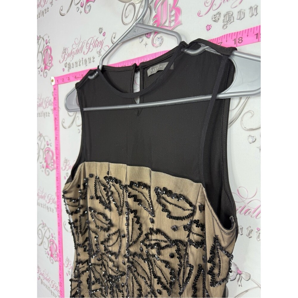 Suzy Shier dress sequins sparkly Black and Tan Beaded Cocktail Dress
