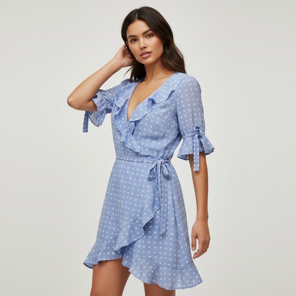 For Love & Lemons Blue Heart Print Ruffle Wrap Mini Dress CD1725R-SU18 Medium