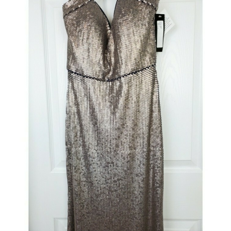 Xscape allower sequin glitter crisscross halter gown maxi dress size 4 brown NWT