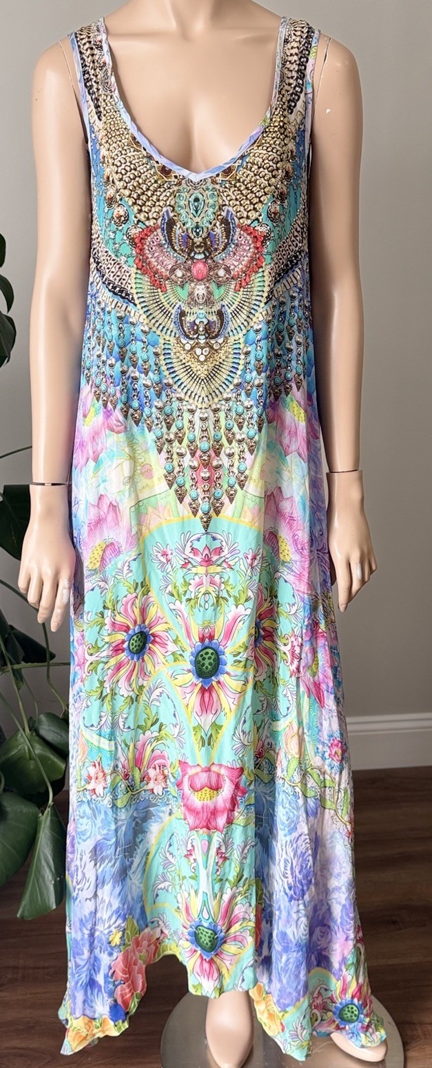 Inoa Australia 100% Silk Maxi Dress Sz 1 Embellished Crystal Resort Wear Boho