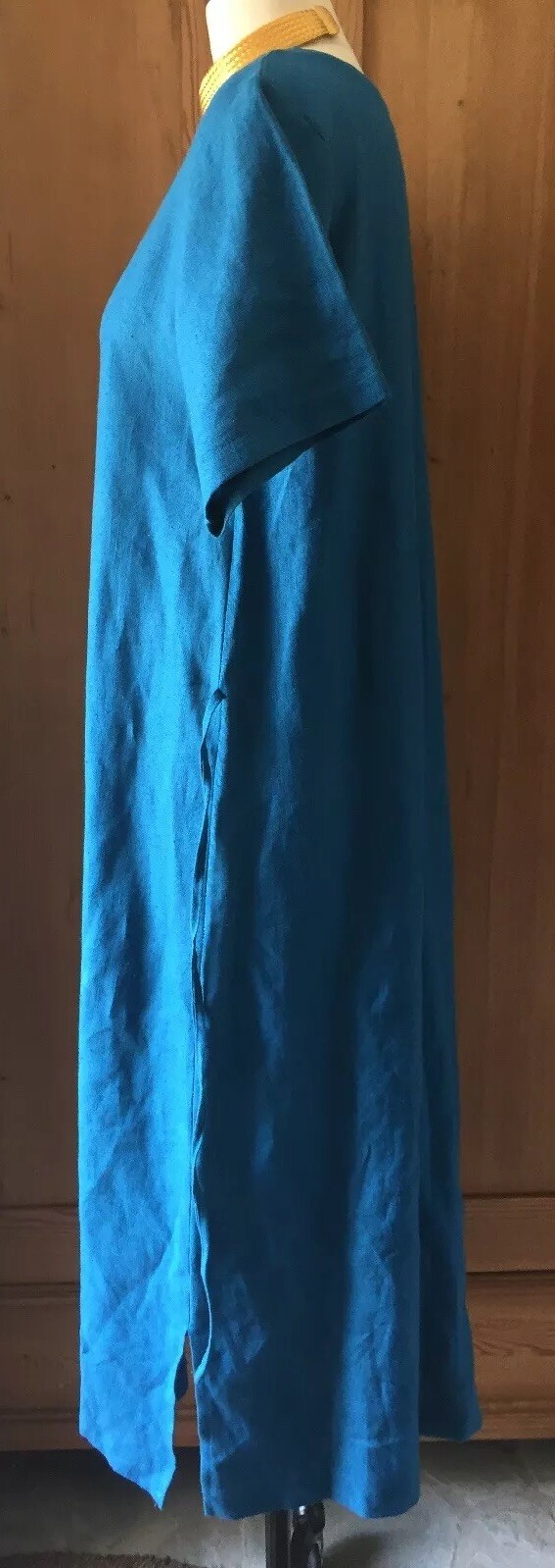 JES ‘Irie’ Wear Bold Turquoise Linen Short Sleeve Dress~ Waist Tie~ MEDIUM NWOT