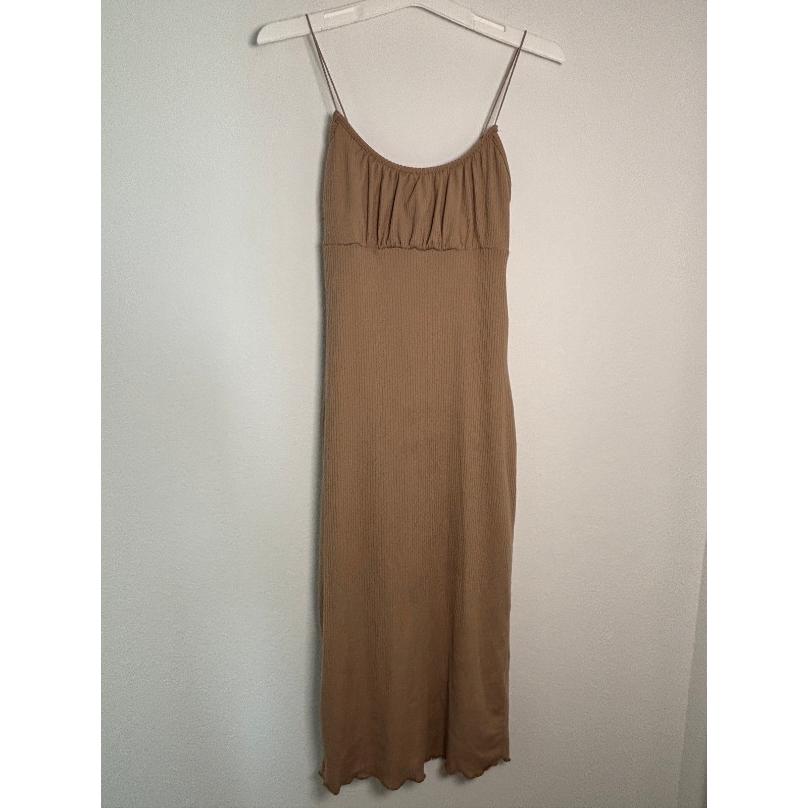 Ultra Flirt Tan Brown Ribbed Midi Dress Spaghetti Strap Gathered Bust Medium