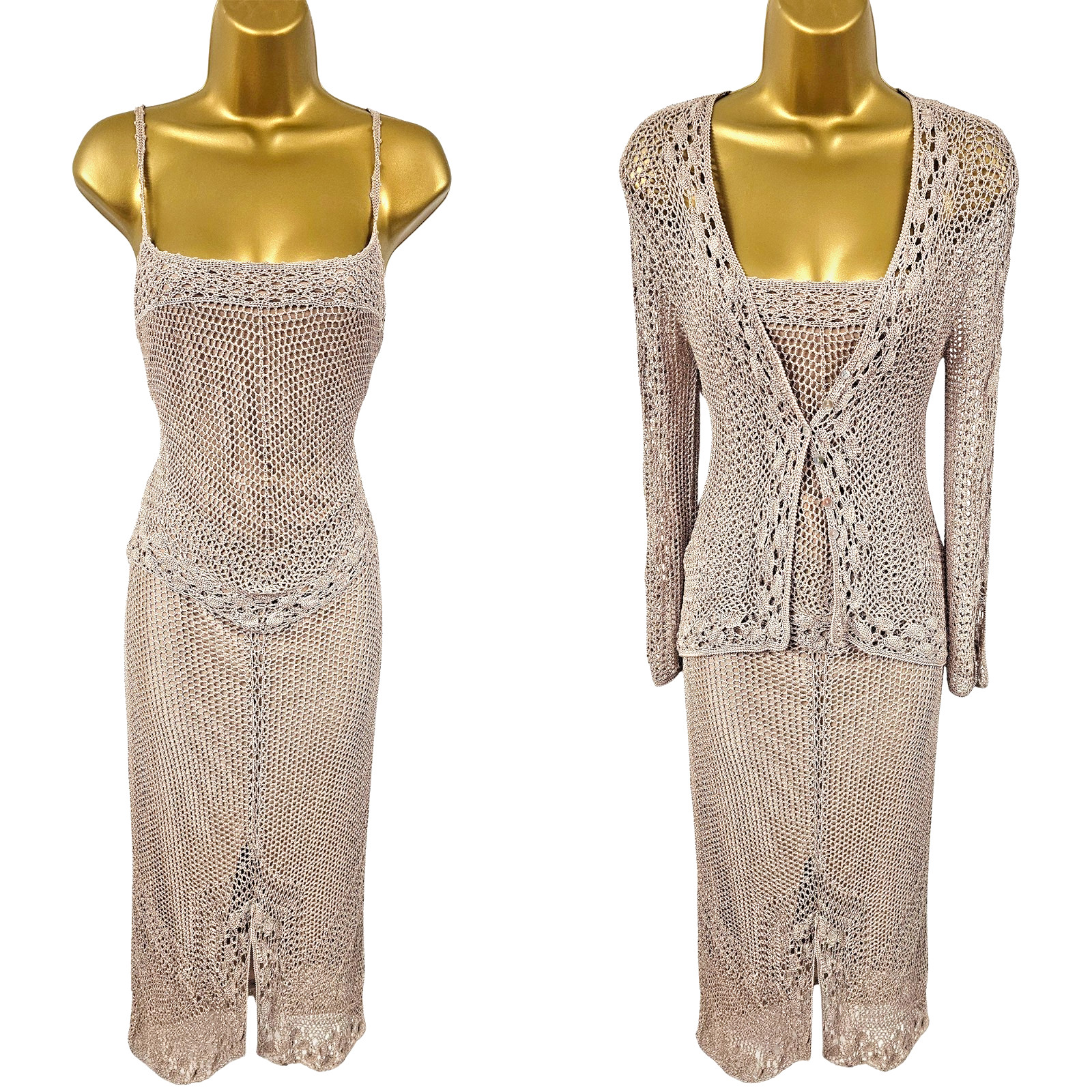 KAREN MILLEN 3 UK 12 Vintage Beige Crochet Floral 3 Piece Top Skirt & Cardigan