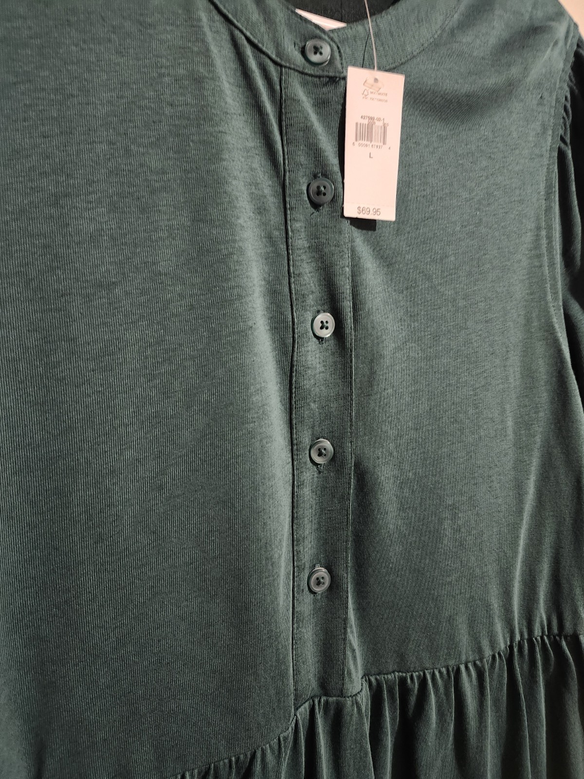 GAP Green Knit Button Tiered A-Line Dress Long Sleeve L Knee Length 60% Cotton