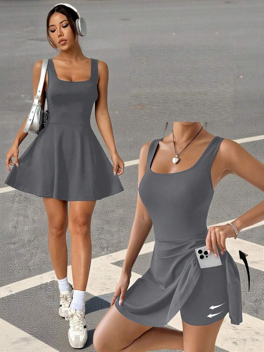 Knitted Bodycon Jumpsuit Square Neck Sleeveless Romper Flared Short Pocket
