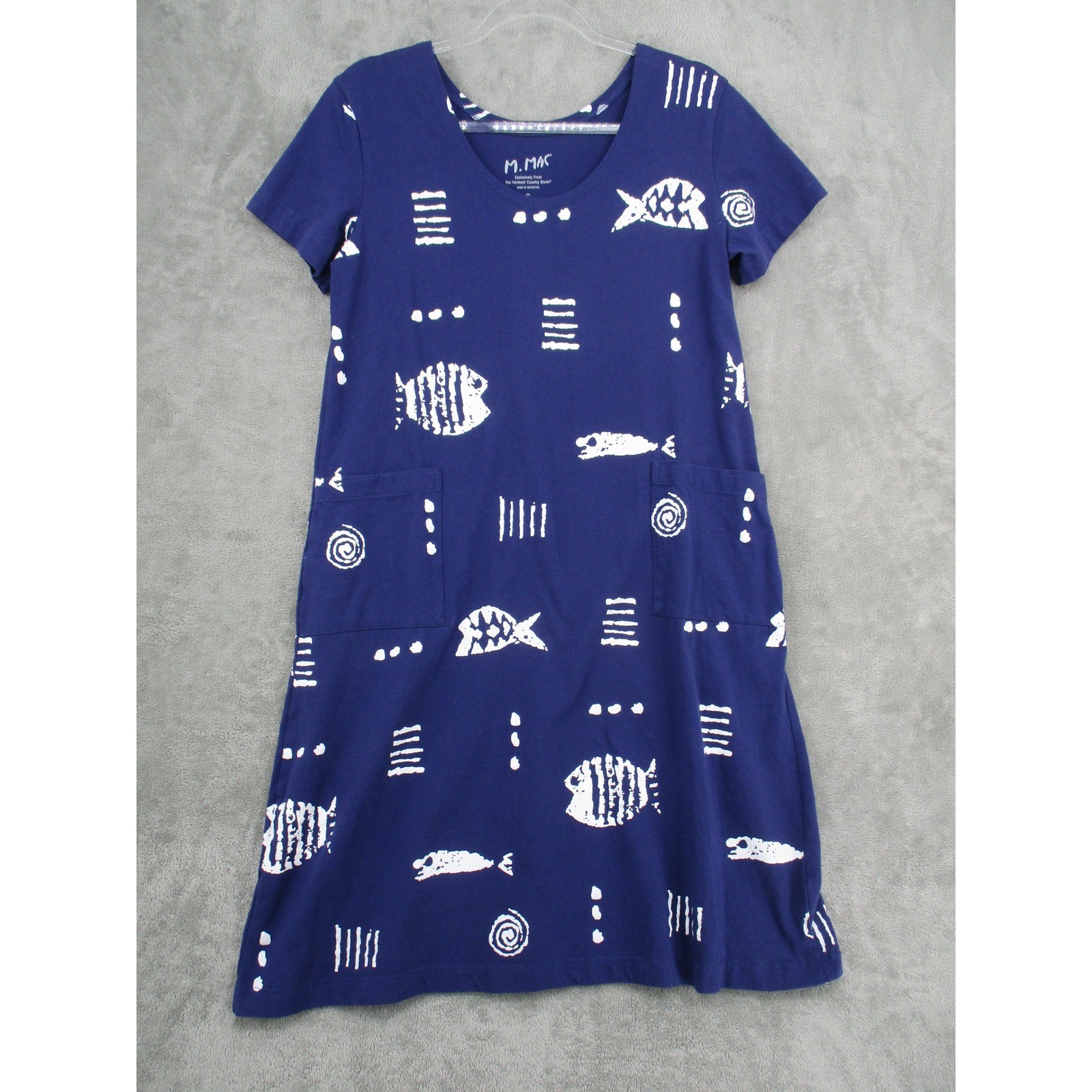 Vintage M Mac Dress Womens Small Blue Fish Midi Pockets Art to Wear T Shirt Blue