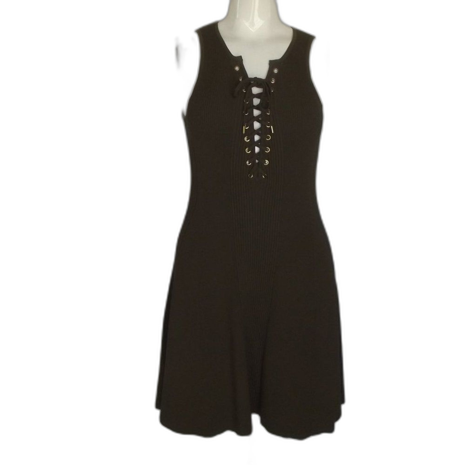 TORN BY RONNY KOBO Knit Dress, S, Olive Green, Ribbed/Textured, Lace-up neckline