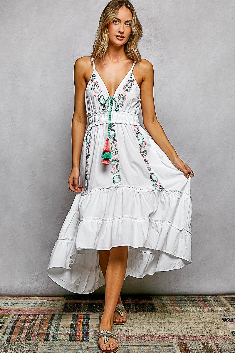POL Embroidered Detail Tassel Tie Smocked Waist Midi Tiered Cami Dress – Medium