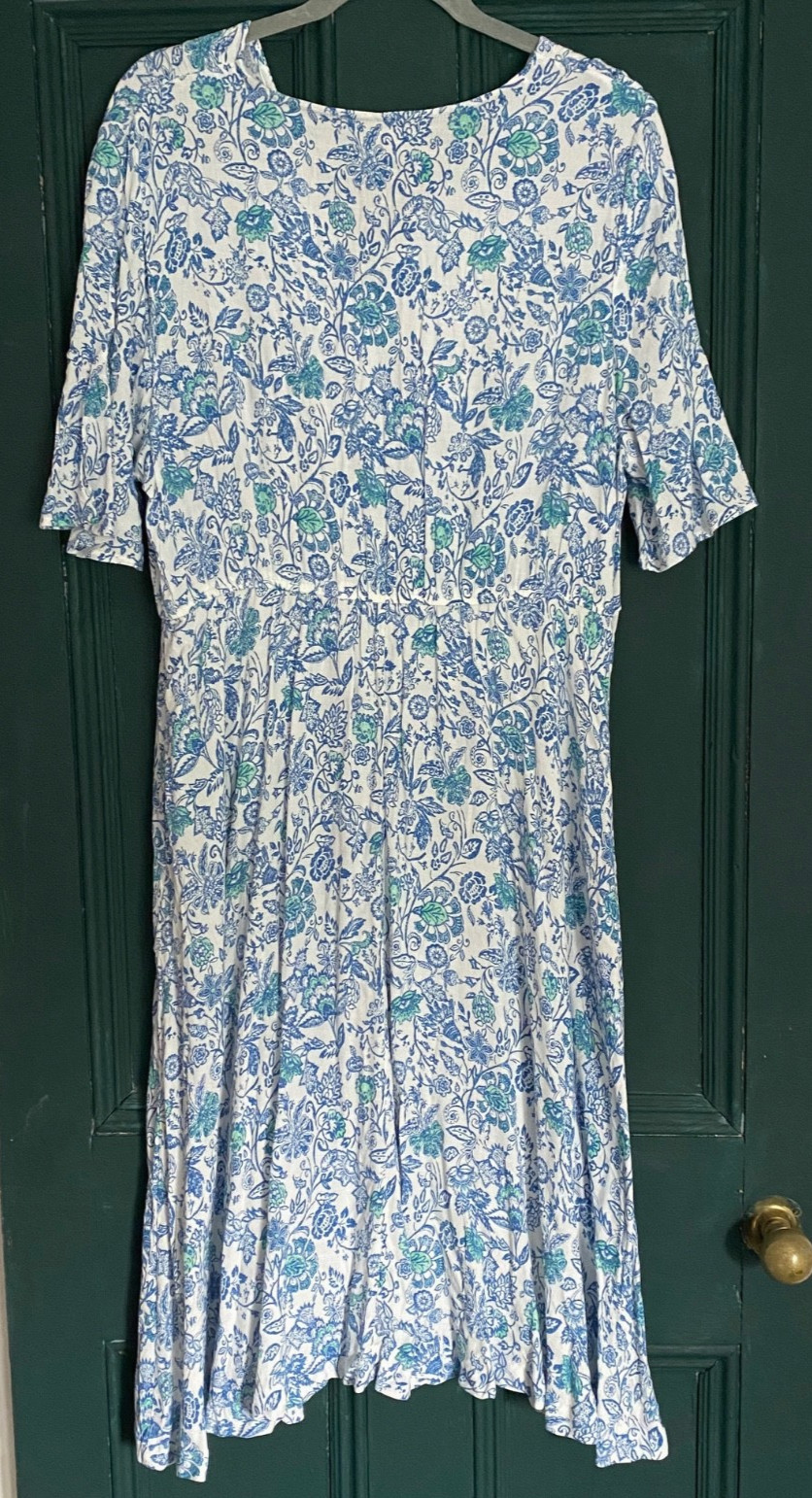 Per Una Size 16 Regular White Blue Print Short Sleeve Summer 44″ Midi DRES