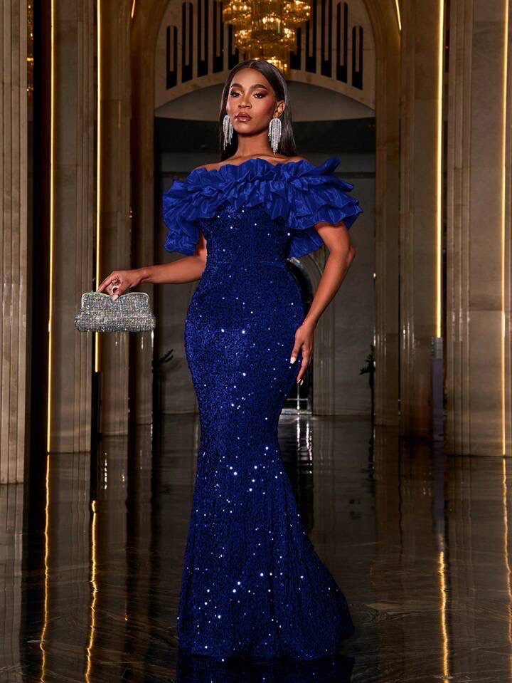 Layered Ruffle Trim Off Shoulder Sequin Mermaid Dress