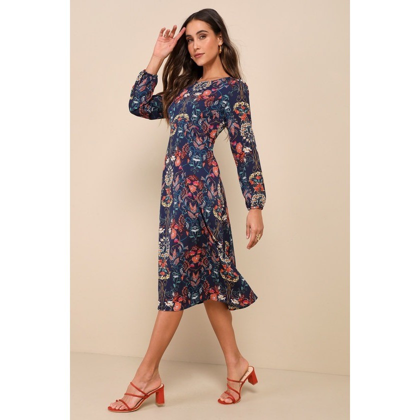 I. Madeline Garden Splendor Navy Floral Long Sleeve Midi Dress Women’s M Modest