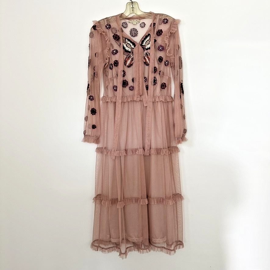 Frock Frill Dress 12 Pink Sheer Bow Tiered Flowy Romantic Boho Prom Festival