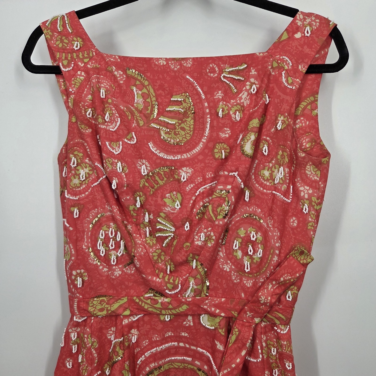 VTG 1960s Handmade Floral Dress with Bow Waist Fully Lined MadMen Beaded Wiggle