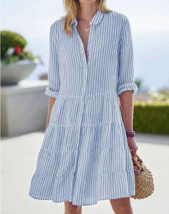 Womens Striped Shirt Dress Long Sleeve Button Down Casual Loose Tiered Dresses