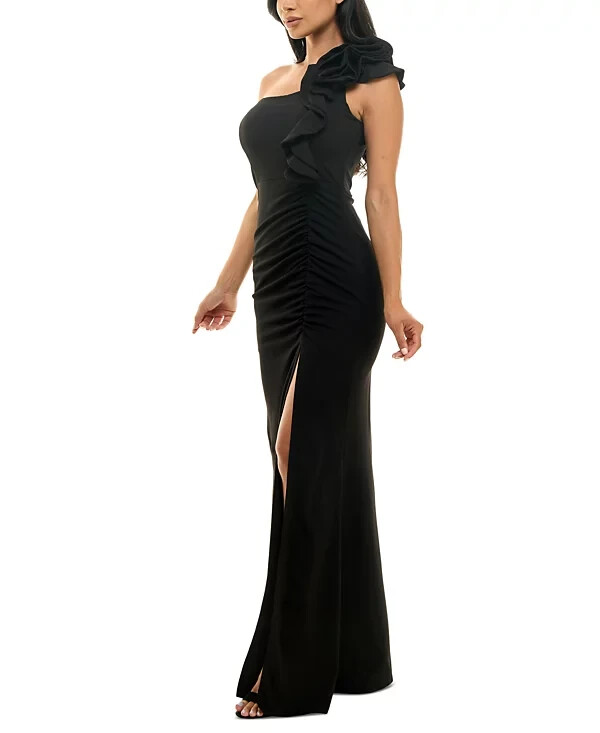 $79 Emerald Sundae Juniors’ Ruffled One-Shoulder Gown | Black | 2XSmall