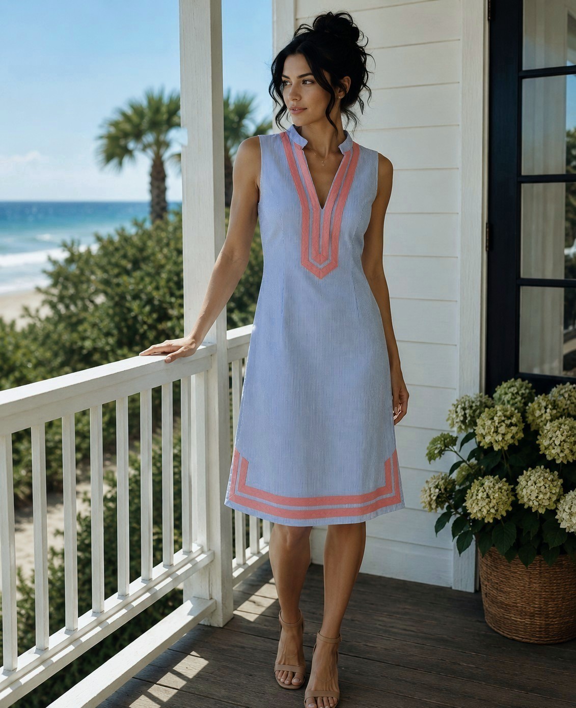 Eliza J Nautical Seersucker Blue Coral Striped Resort Coastal Cruise Lined Dress