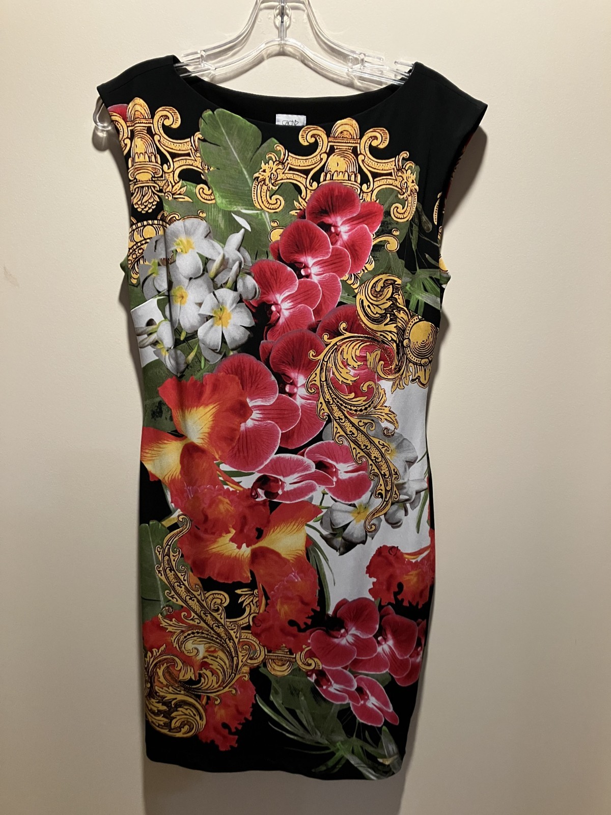 Cache’ Beautiful Baroque Floral Sheath Dress Black/Multicolor Sleeveless Size M