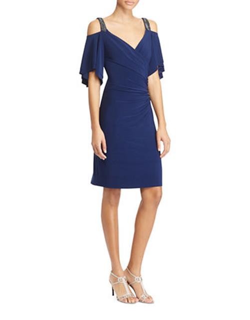 LAUREN Ralph Lauren Embellished Shoulder Straps Surplice Flutter Sleeve Dress, 2