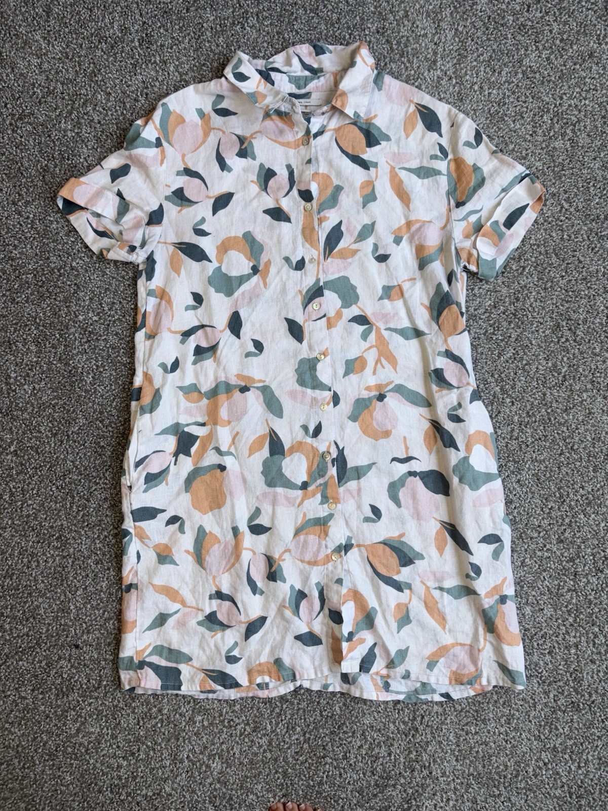 Rachel Zoe 100% Linen Floral Button-Down Short Sleeve Shift Dress Size M