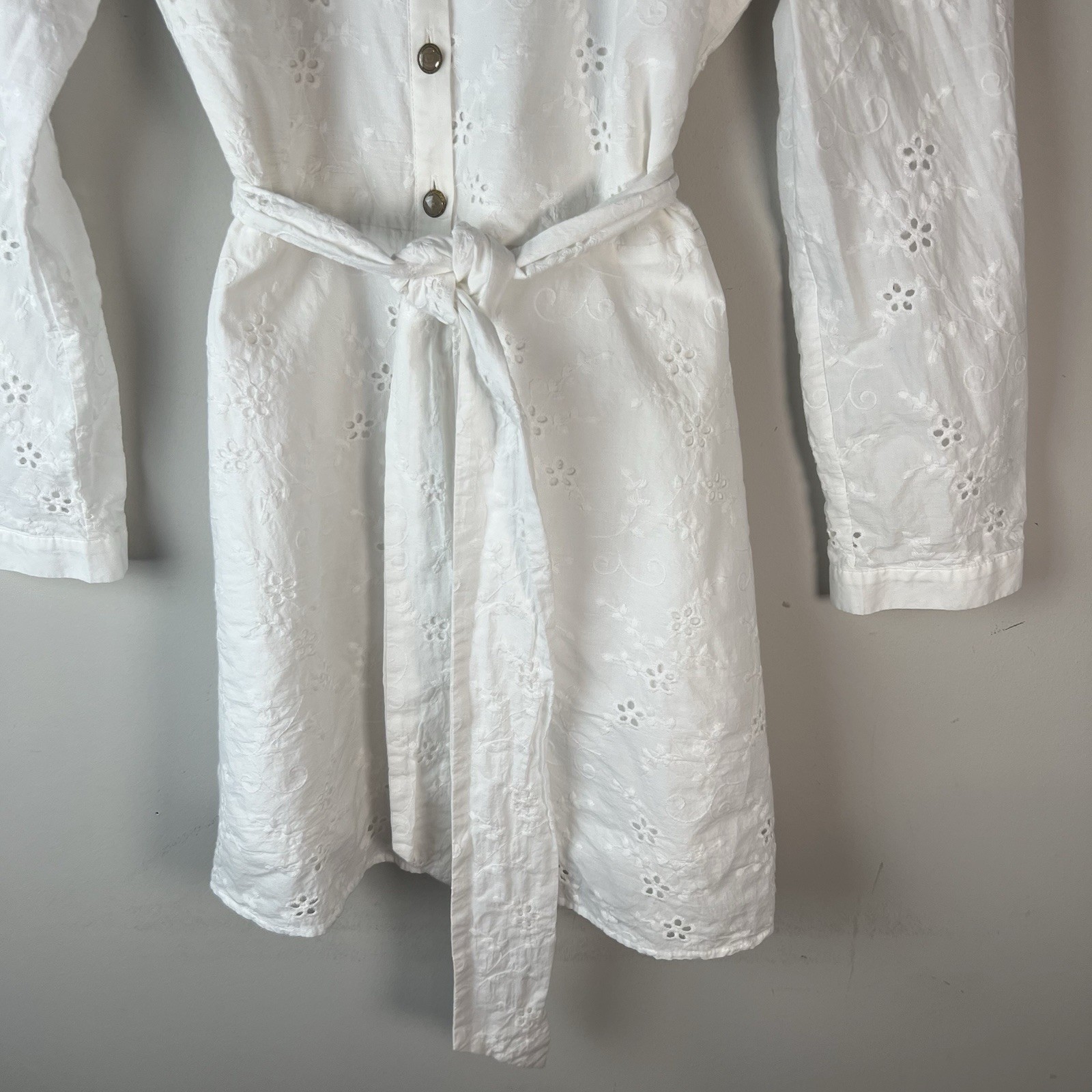 ZARA Openwork Eyelet Embroidered Short Belted Oyster White S Long Sleeve