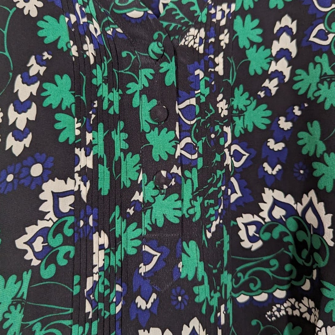 Veronica Beard Elm Silk Shirtdress V-Neck Pleated Green Floral Size 2 Preowned