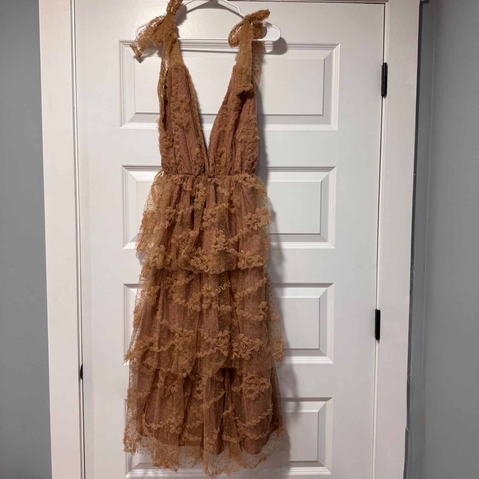 Just Me Tan Tulle Swiss Dot Tiered Ruffle Midi Dress