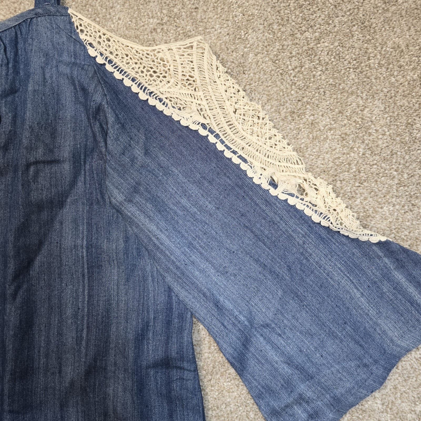 COCO + CARMEN Boho Western Denim Tunic Dress 3/4 Crochet Sleeve Women S/M NWT