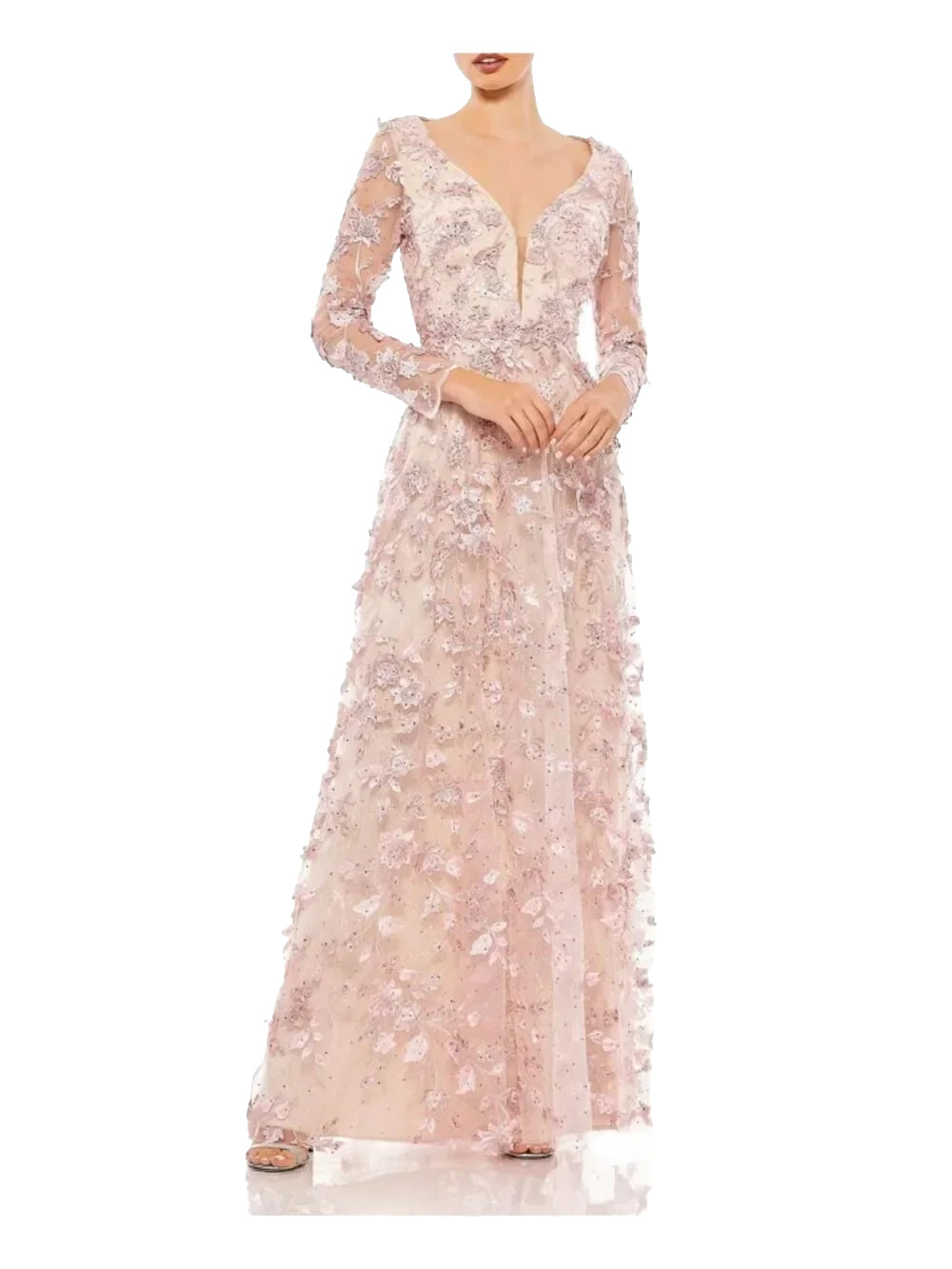 Mac Duggal 70224 Floral Applique Long Sleeve Illusion Gown Rose Pink Size 12 NWT