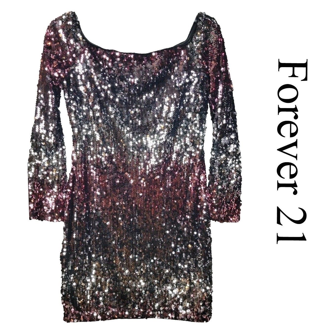 Forever 21 Sequin Dress Medium Pink Silver Ombre Mini Long Sleeve Party NYE