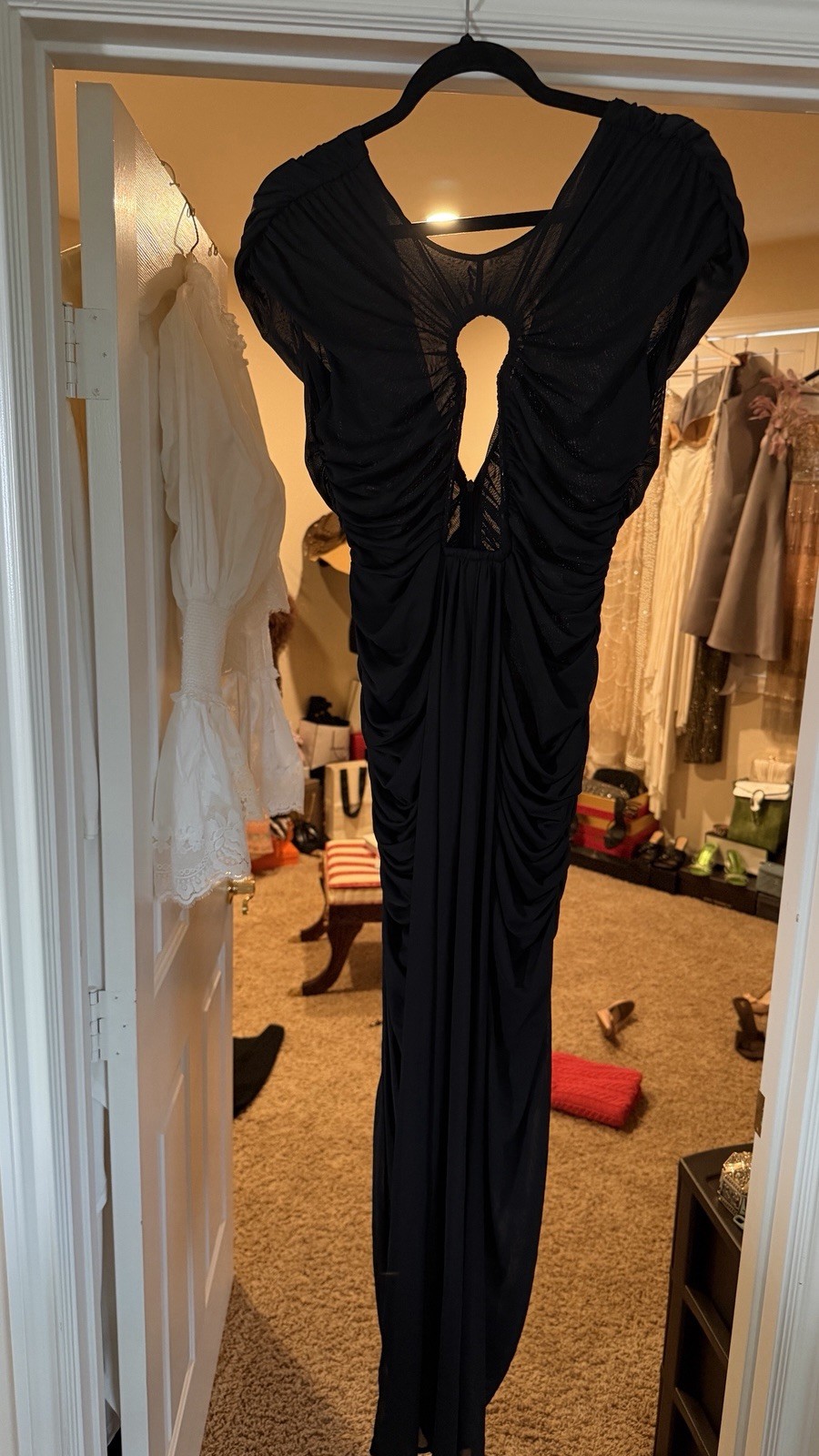 Women’s Black Ruched Mesh Cutout Maxi Dress Sheer Bodycon Evening Gown