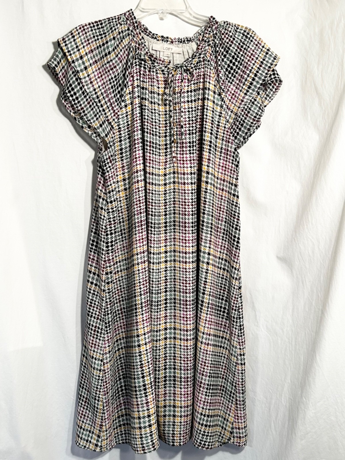 WOMENS LARGE MULTI-COLORED HOUNDSTOOTH TIERED CAP SLEEVE LINED PULLOVER DRESS