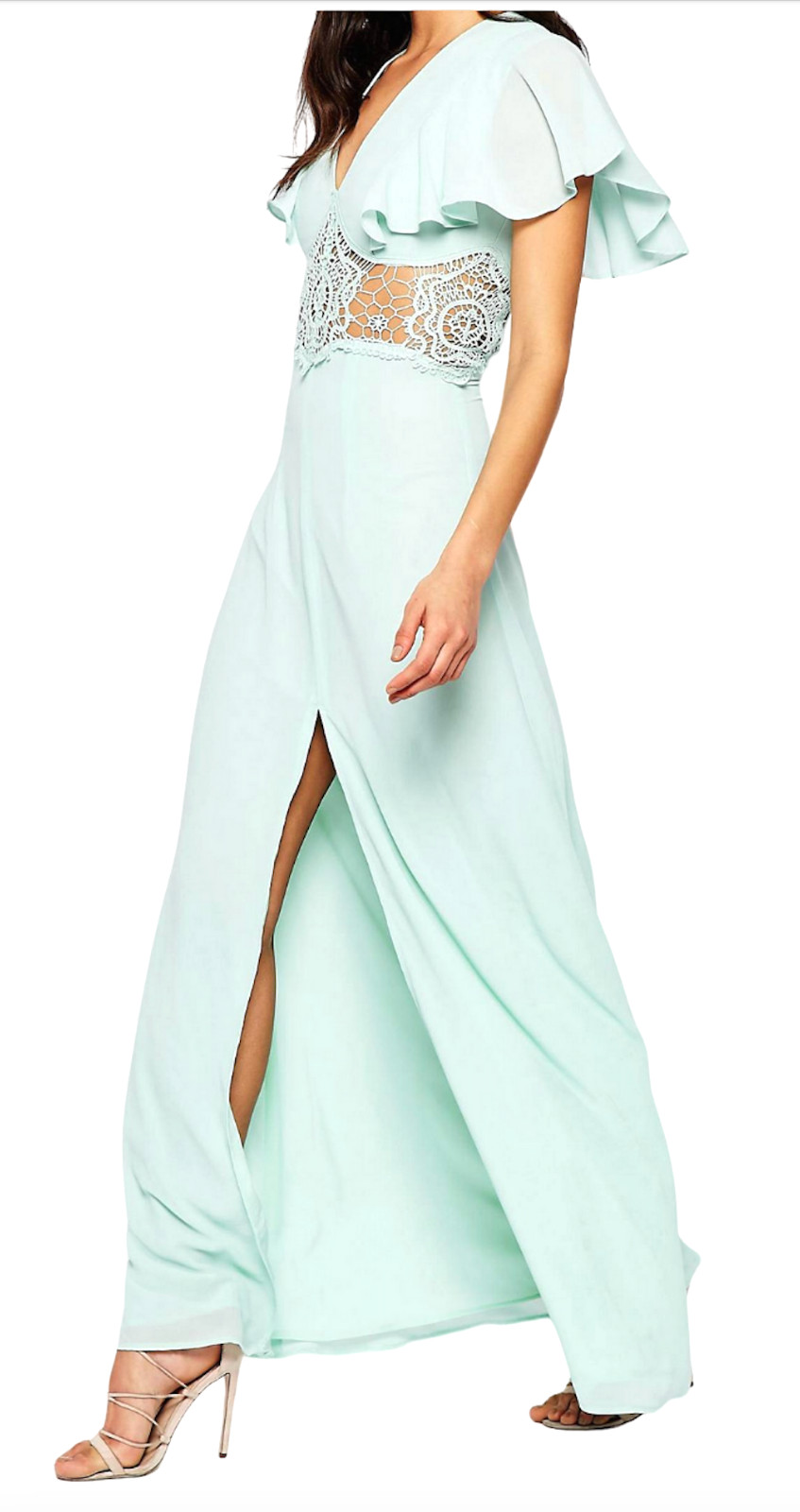 JARLO MINT GREEN EDITH LACE INSERT FLUTTER SLEEVE MAXI DRESS WEDDING US 6 UK 10