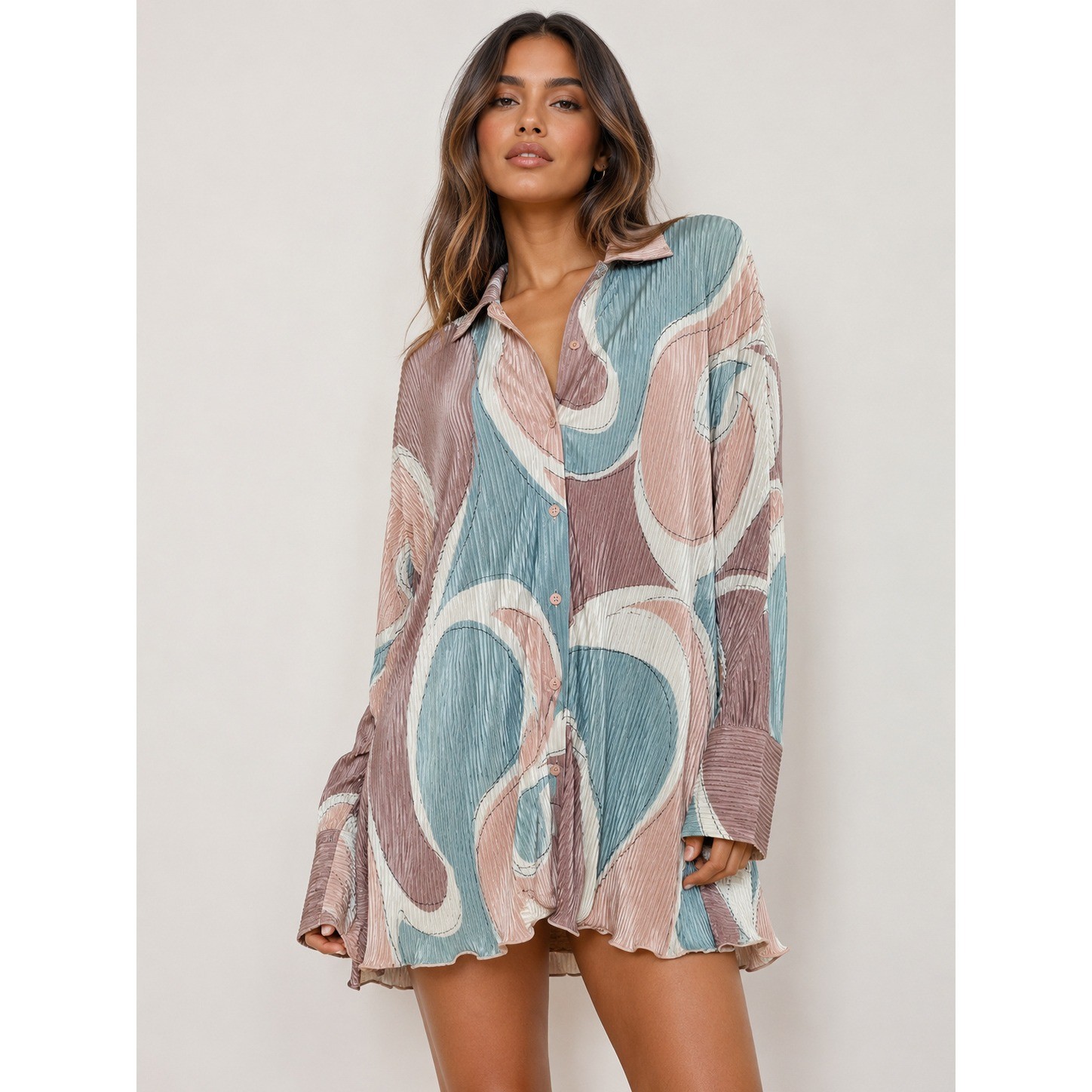 PrettyLittleThing Stone Abstract Print Plisse Frill Hem Shirt Dress US 10 NWT