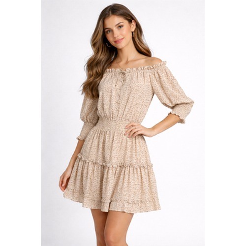 J Roberts Dress Womens Small Beige Leopard Fit Flare Ruffle Smocked Chiffon