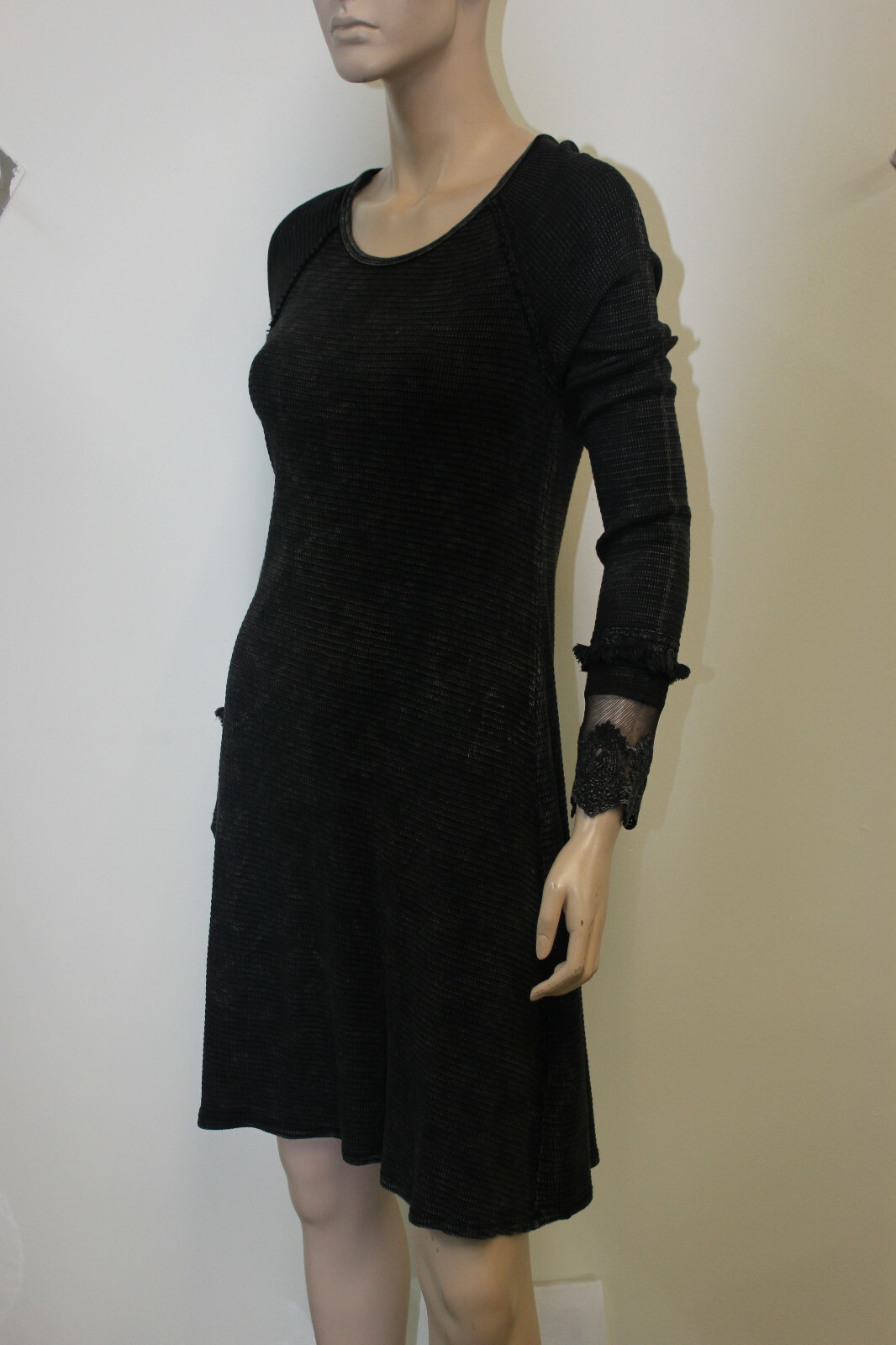 Able USA Charcoal Thermal Crochet Long Sleeve Shift Dress NWT USA Made