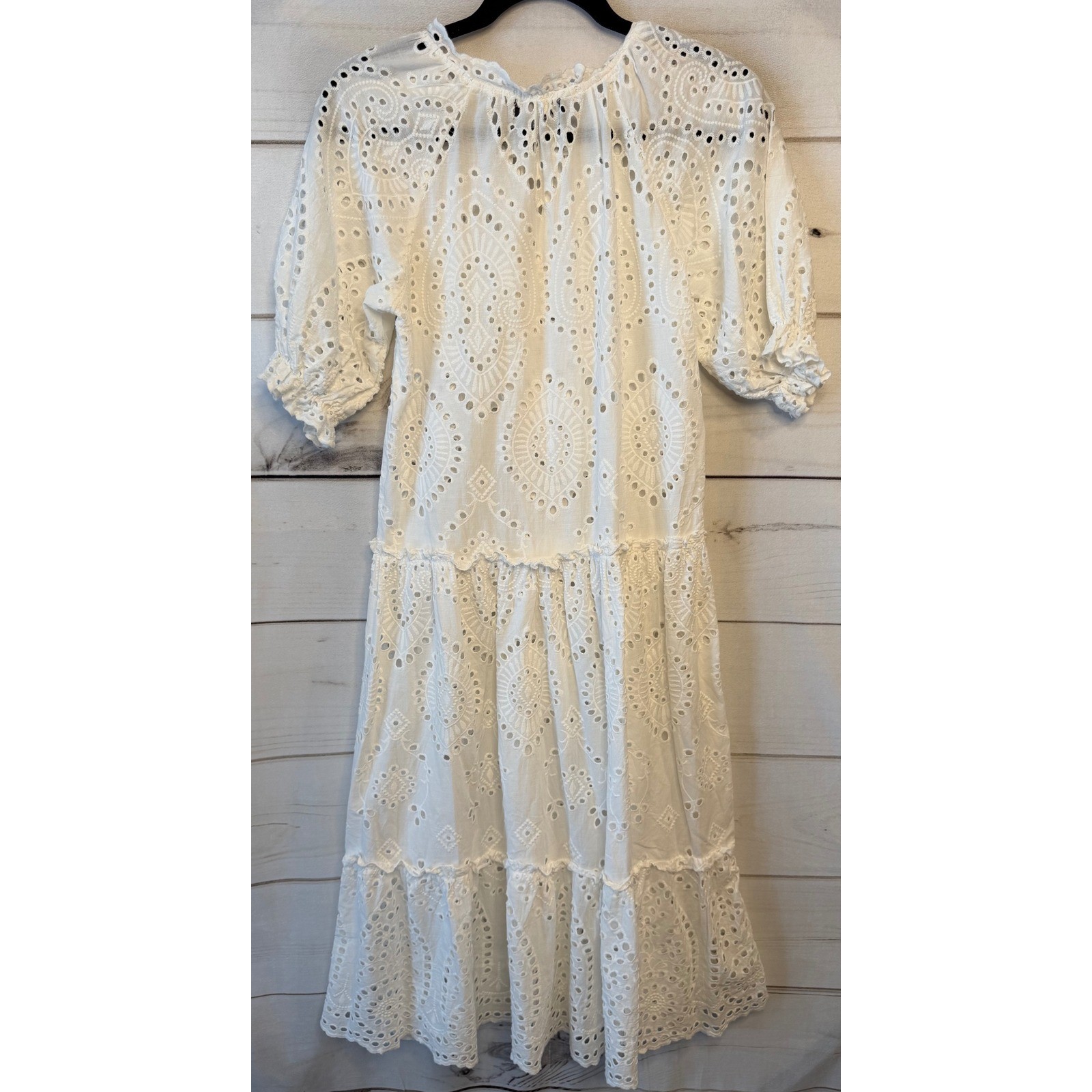 O.P.T. White Eyelet Cotton Tiered Midi Dress XS Boho Tassel Ruffle Puff Sleeve