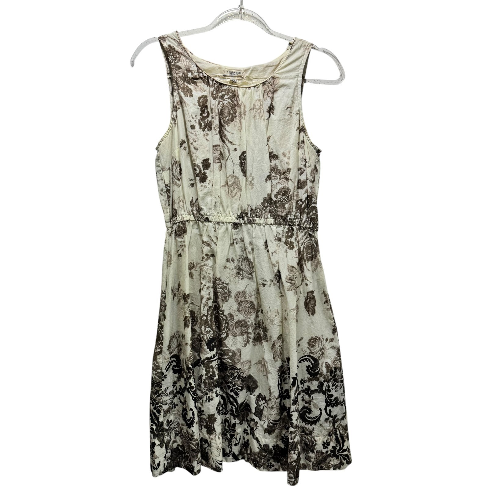 Lands End Canvas Coastal 100% Cotton Toile Floral Shabby Fit Flare Dress 6 Ivory