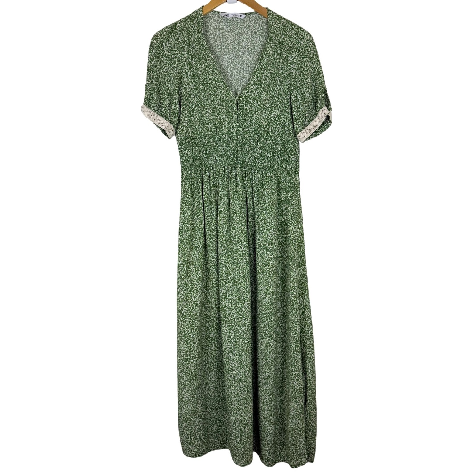 Zara Women’s Green Floral Midi Dress Small Button Detail Cottagecore Lace Trim