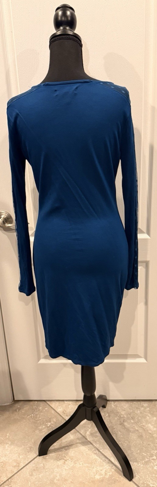 Simply Styled by Sears Blue Polka Dot Mesh V-Neck 3/4 Sleeve Mini Dress M