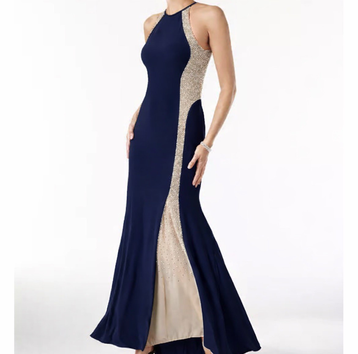 XSCAPECaviar-Beaded Illusion Gown Size 4navy Blue