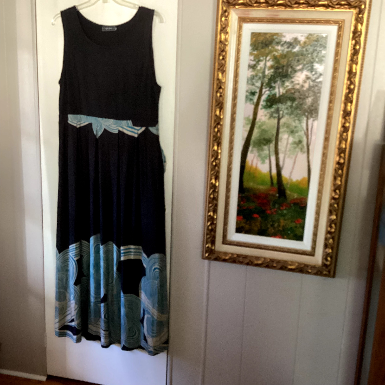 Women’s Ice Silk Black, Tan & Teal Sleeveless Maxi Dress Pockets Size 2XL